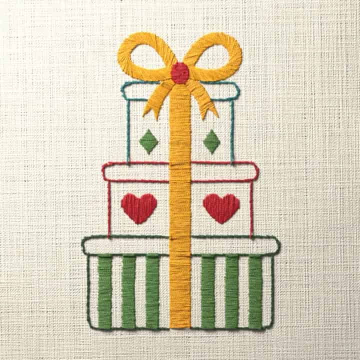 Three stacked gifts: preview of the stitched design