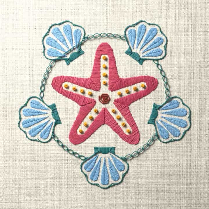Starfish and five shells: preview of the stitched design