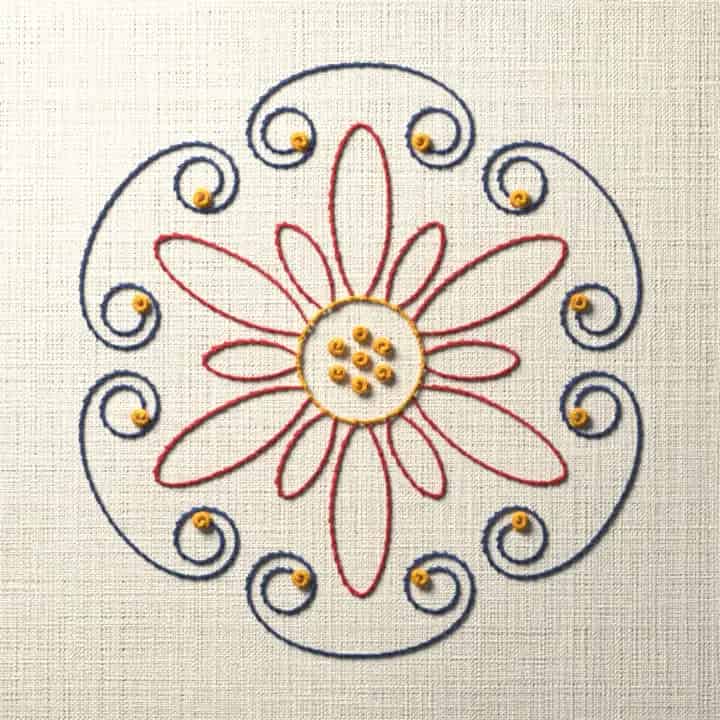Stem stitch scroll rosette: preview of the stitched design