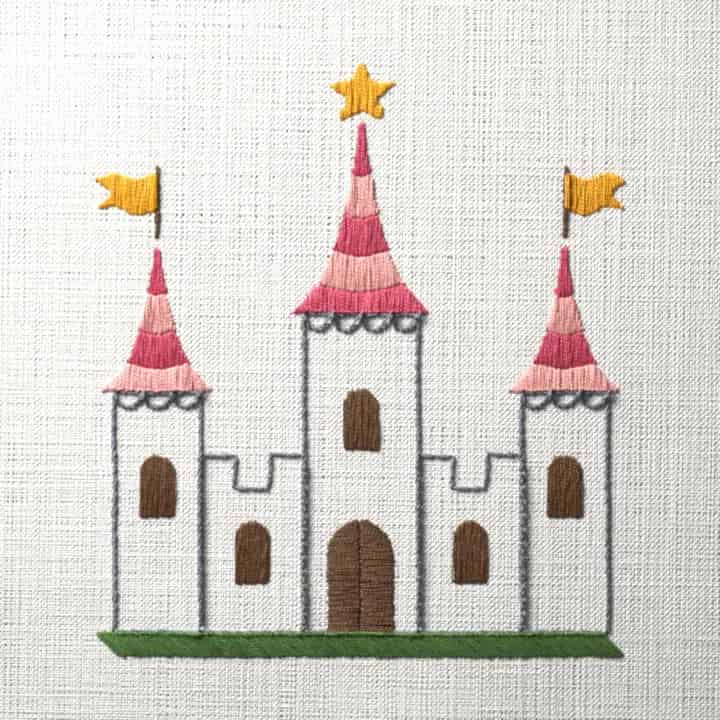 Storybook castle with pennants: preview of the stitched design