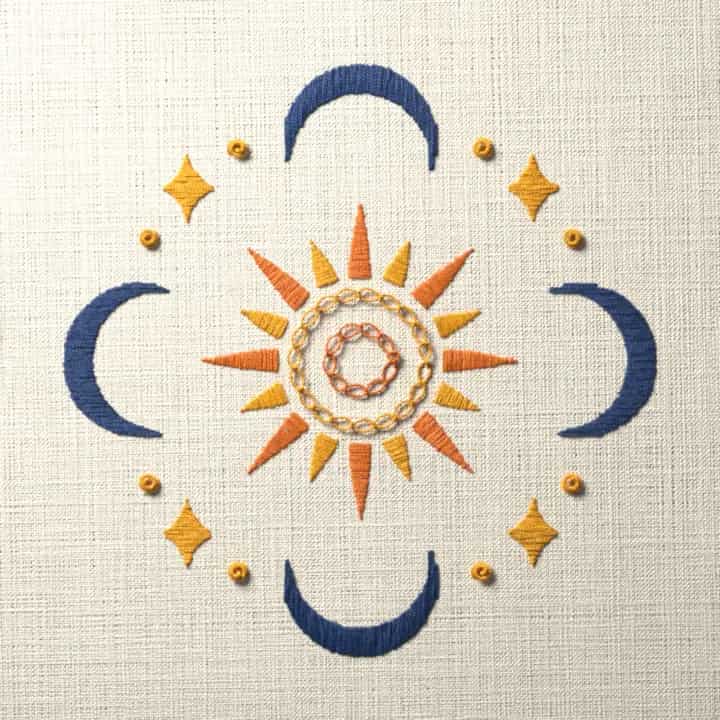 Sun among four moons: preview of the stitched design