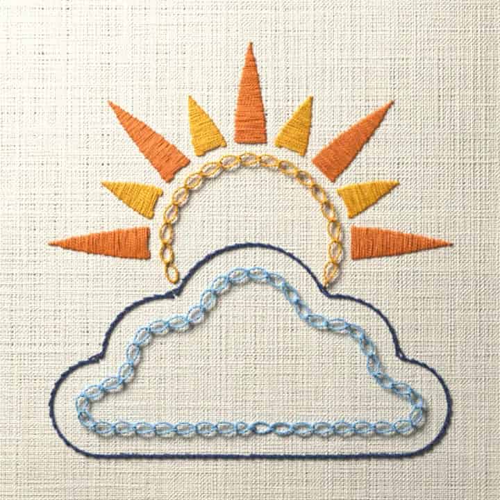 Sun behind a cloud: preview of the stitched design