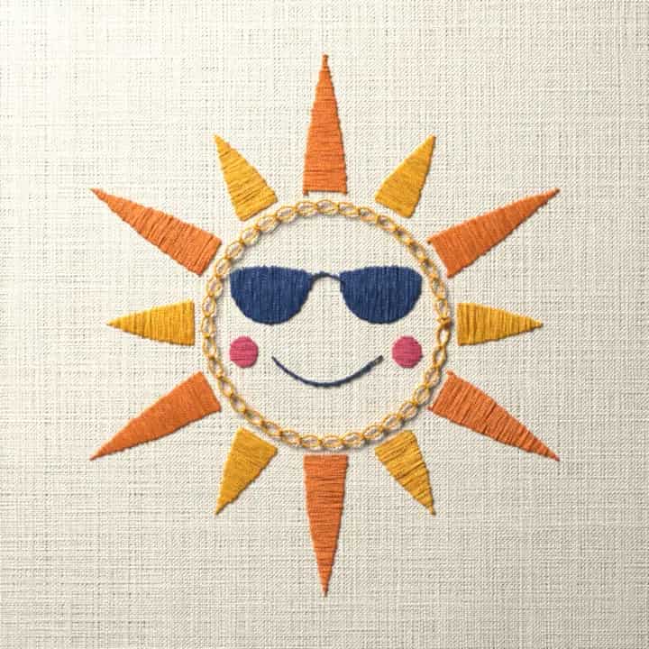 Sun wearing sunglasses: preview of the stitched design