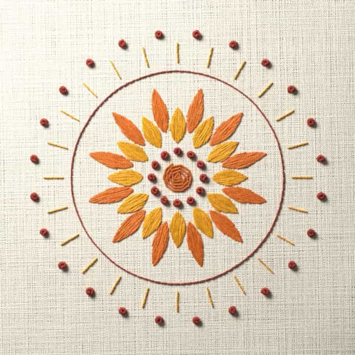 Sunburst mandala: preview of the stitched design
