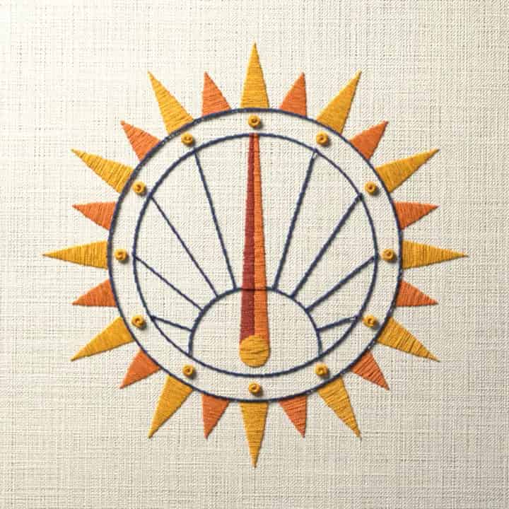 Sundial with sun rays: preview of the stitched design