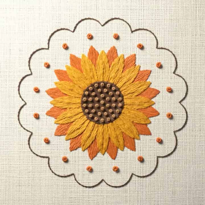Sunflower coaster: preview of the stitched design