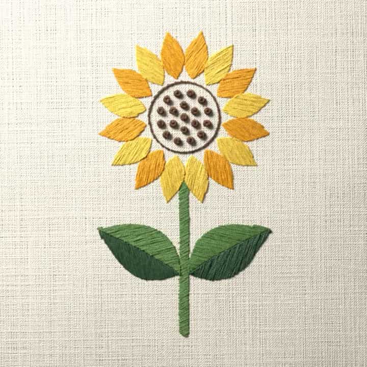 Sunflower with two leaves: preview of the stitched design