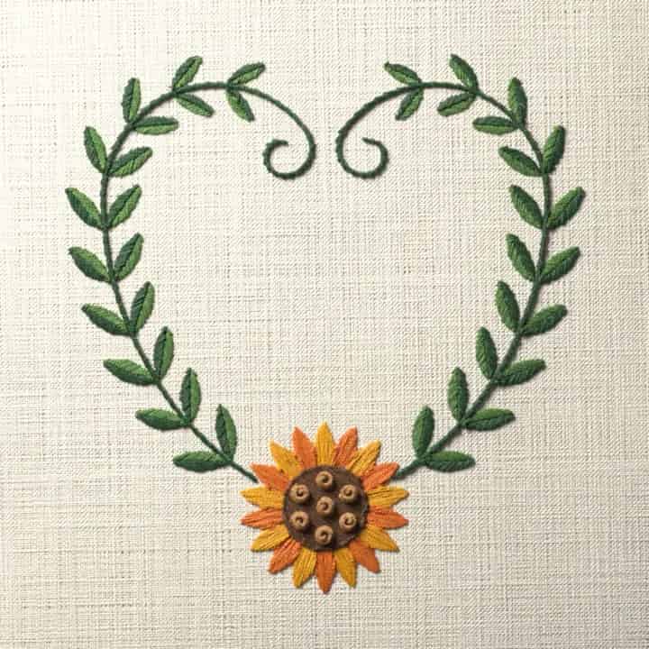 Sunflower vine heart: preview of the stitched design