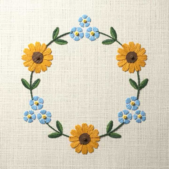 Black-eyed Susans and forget-me-nots: preview of the stitched design