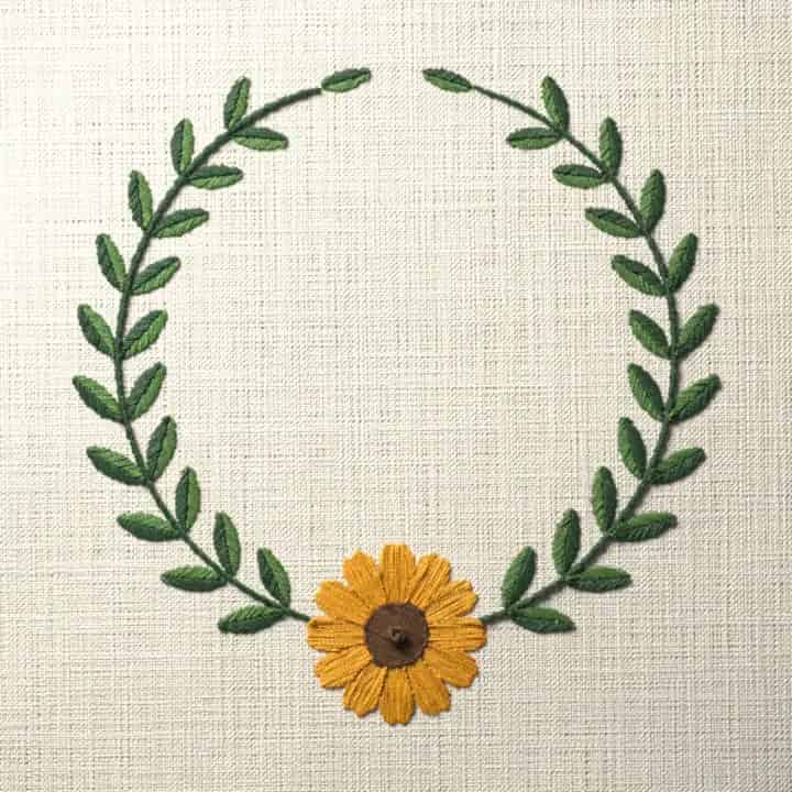 Black-eyed Susan laurel wreath: preview of the stitched design