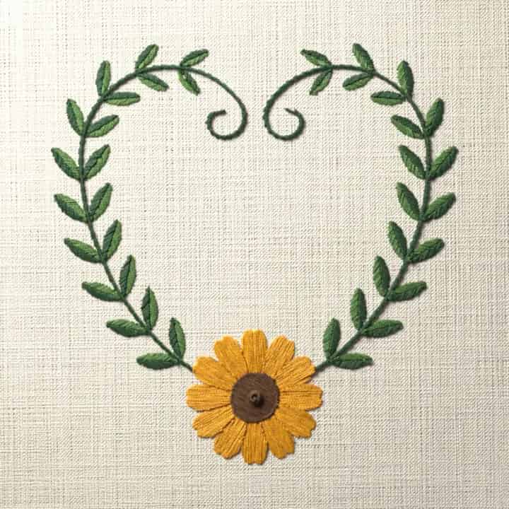 Black-eyed Susan vine heart: preview of the stitched design
