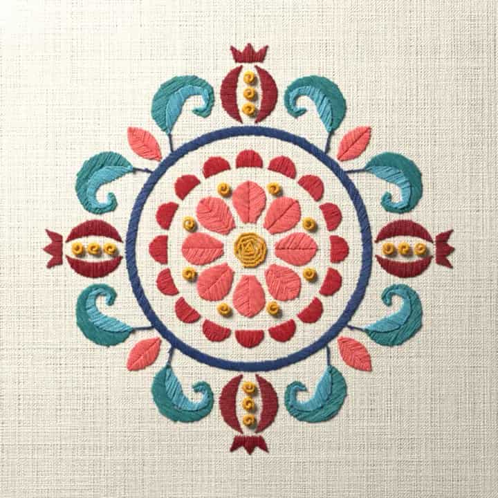 Suzani medallion in satin stitch: preview of the stitched design