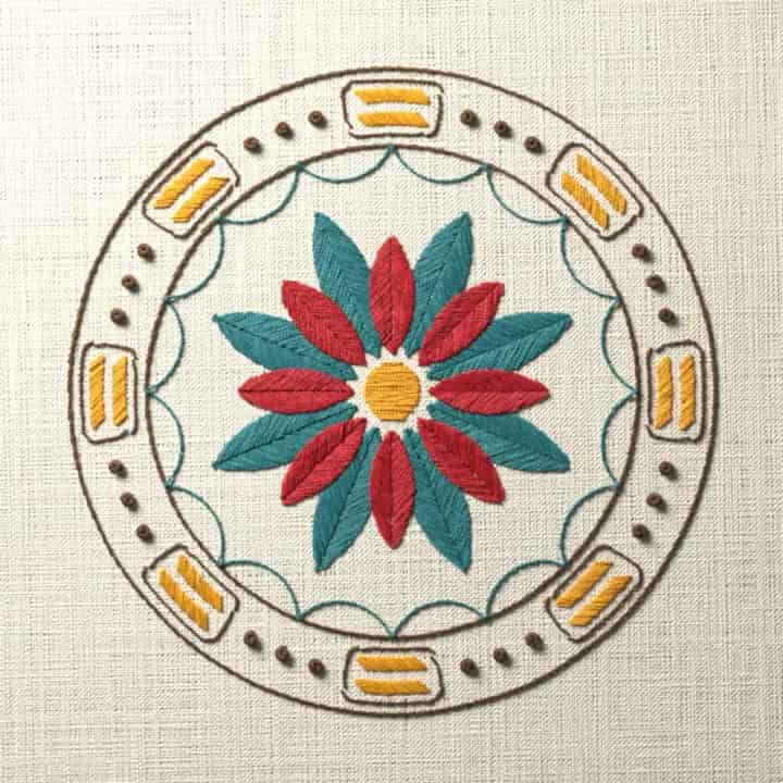 Tambourine with rosette: preview of the stitched design