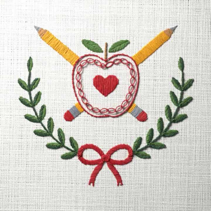 Teacher’s apple and pencils: preview of the stitched design