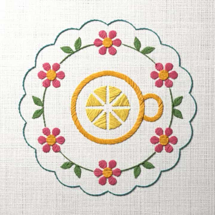 Teacup and saucer from above: preview of the stitched design