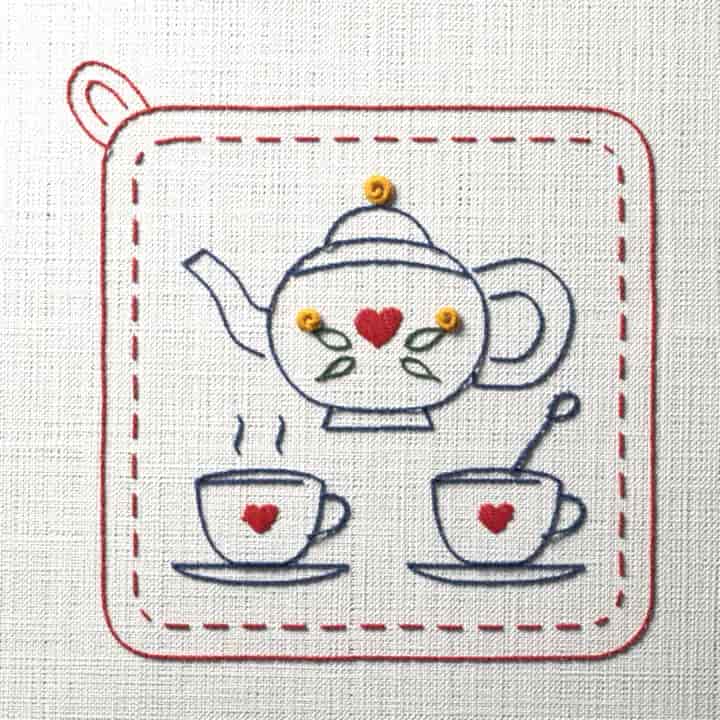 Teapot potholder: preview of the stitched design