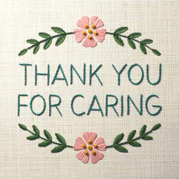 Thank you for caring: preview of the stitched design