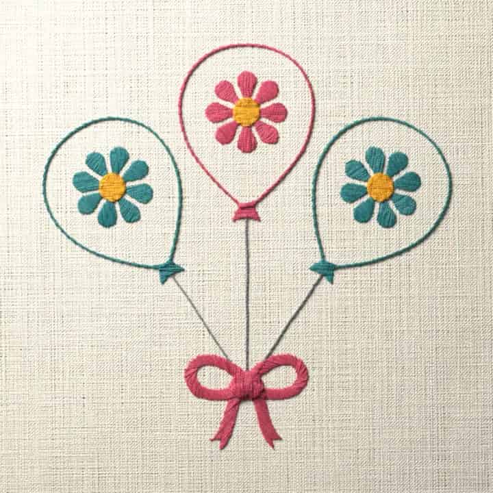 Three balloons tied with a bow: preview of the stitched design