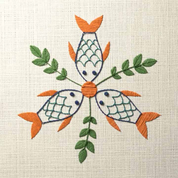 Three fish in a wheel: preview of the stitched design