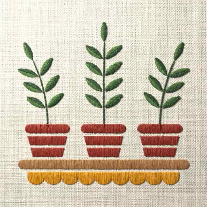 Three herb pots on a shelf: preview of the stitched design