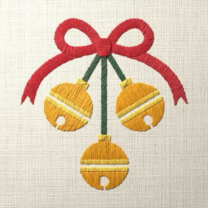Three jingle bells on a bow: preview of the stitched design