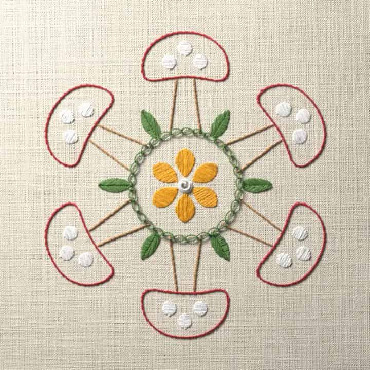 Toadstool medallion: preview of the stitched design