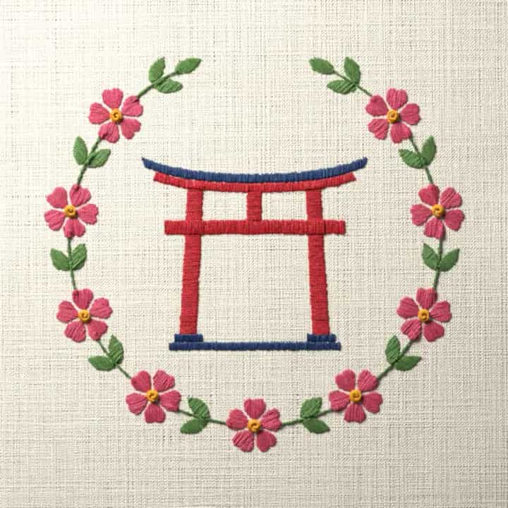 Torii gate in cherry blossom: preview of the stitched design