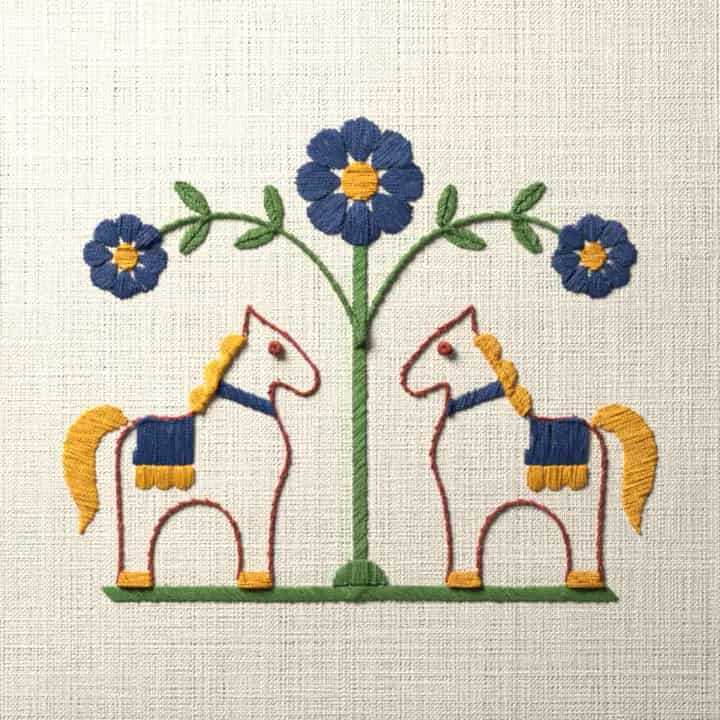 Toy horses at a flowering tree: preview of the stitched design