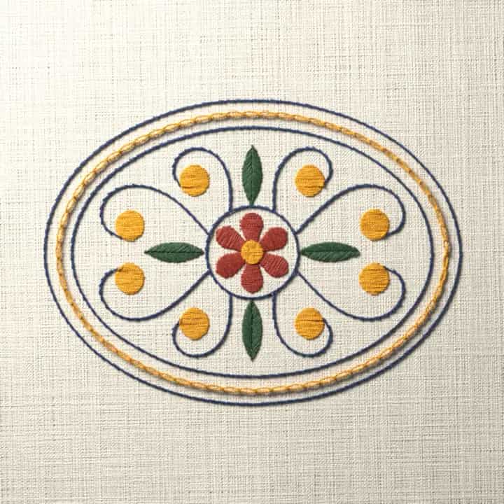 Oval trophy buckle with scrolls: preview of the stitched design