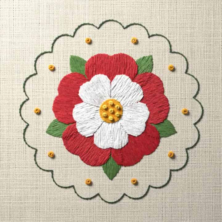 Tudor rose coaster: preview of the stitched design