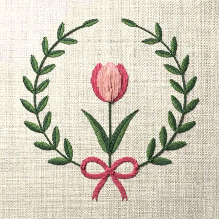 Tulip laurel wreath: preview of the stitched design
