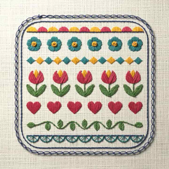 Tulip row band sampler: preview of the stitched design