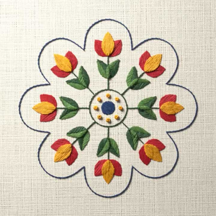 Tulip wheel mandala: preview of the stitched design