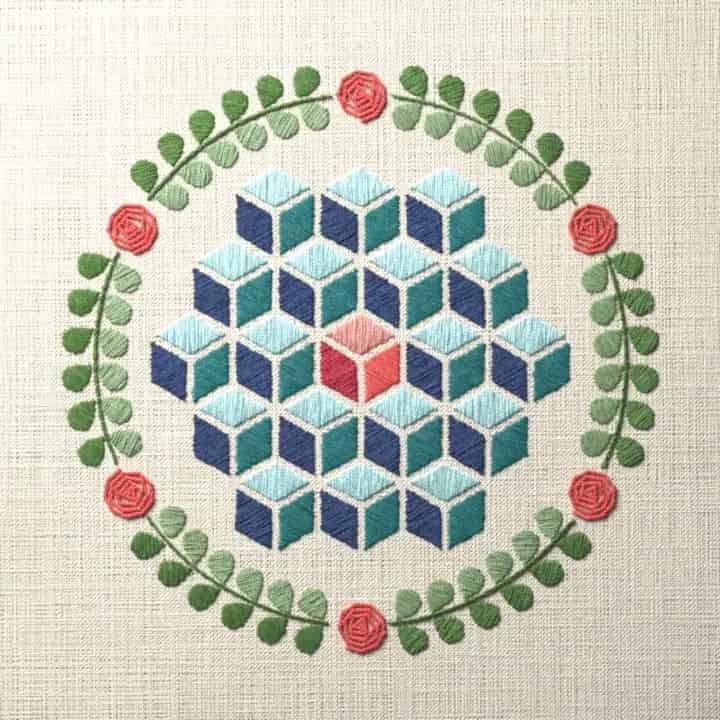 Tumbling blocks quilt: preview of the stitched design