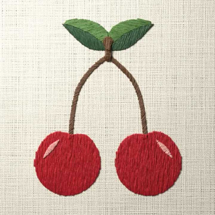 Twin cherries with leaves: preview of the stitched design