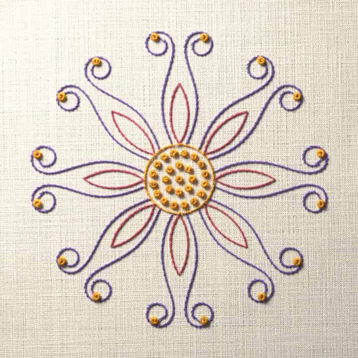 Twisted chain stitch lyre rosette: preview of the stitched design