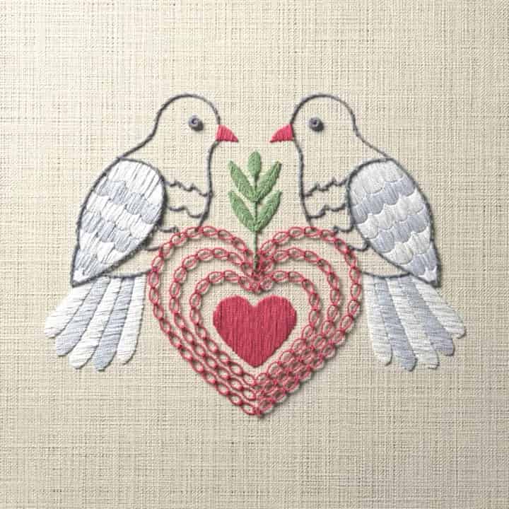 Two doves on a heart: preview of the stitched design