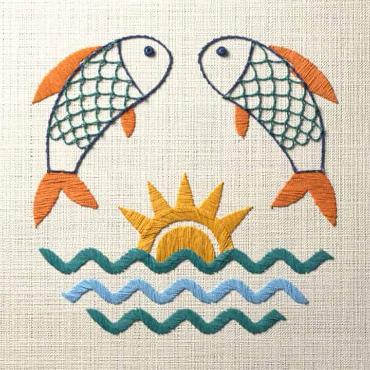 Two fish leaping over the sun: preview of the stitched design