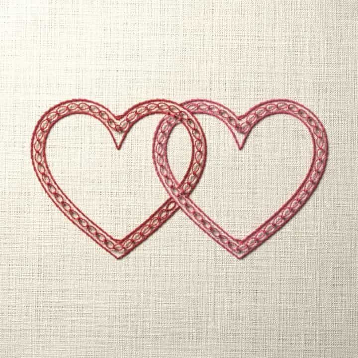 Two linked hearts: preview of the stitched design