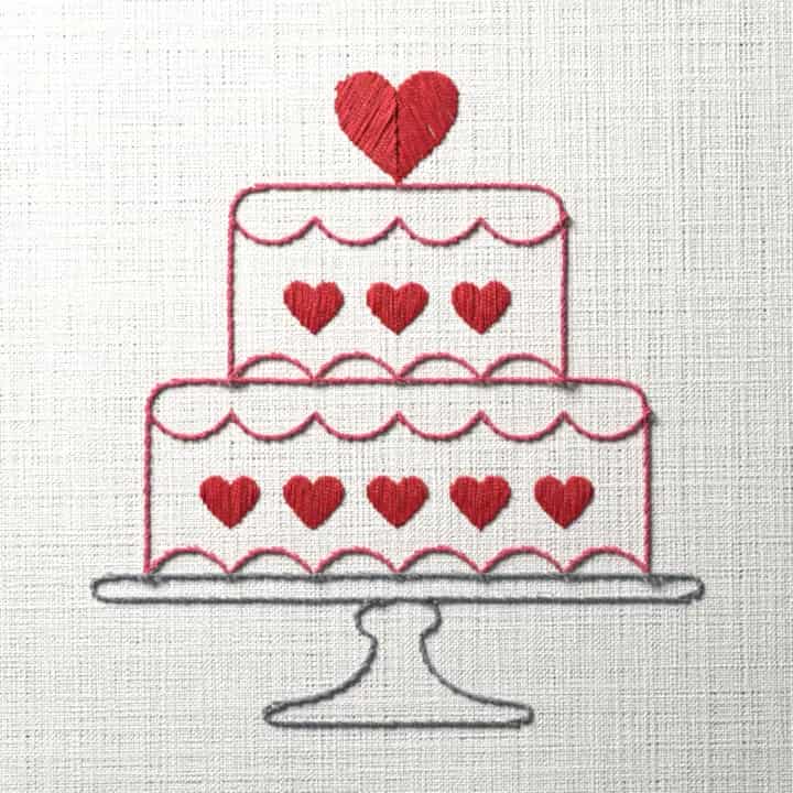Two-tier cake with hearts: preview of the stitched design