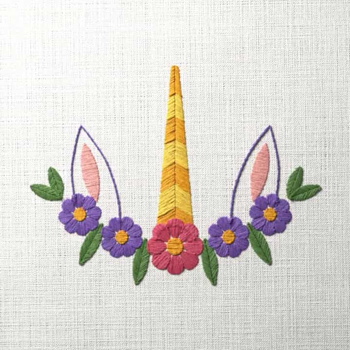 Unicorn horn and flower crown: preview of the stitched design