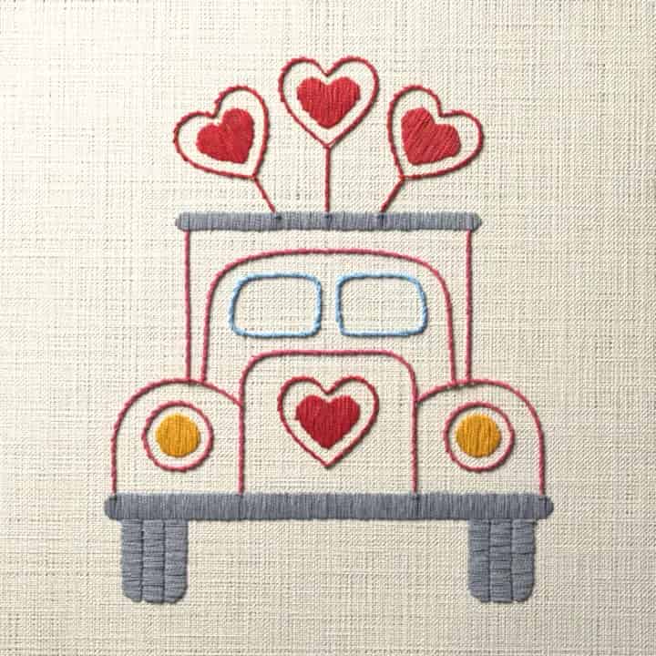 Valentine truck with heart balloons: preview of the stitched design
