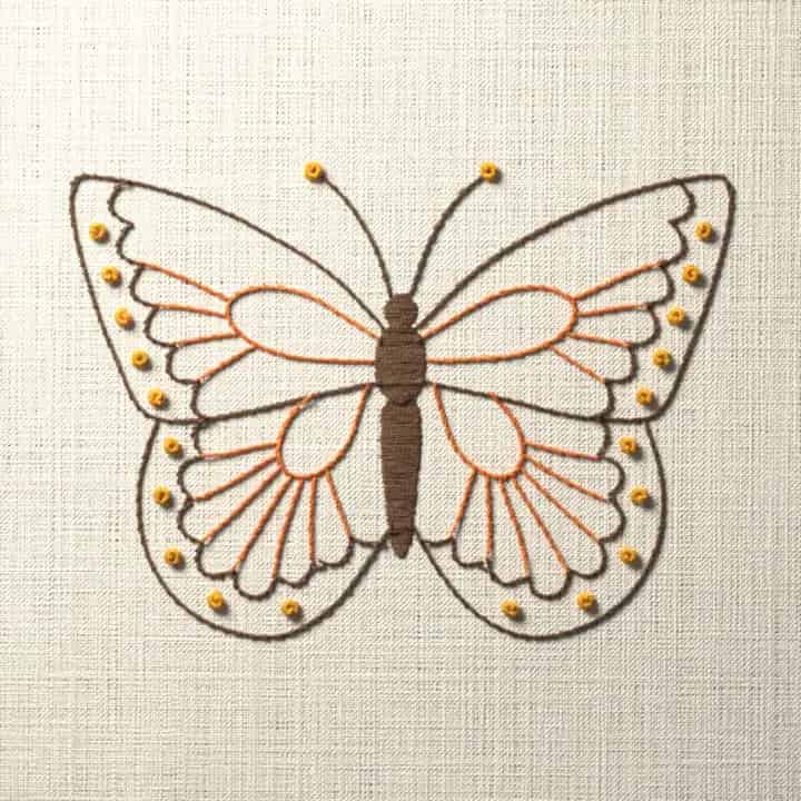 Monarch butterfly with veined wings: preview of the stitched design