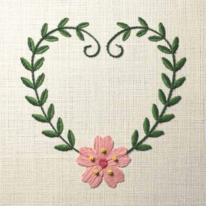 Cherry blossom vine heart: preview of the stitched design
