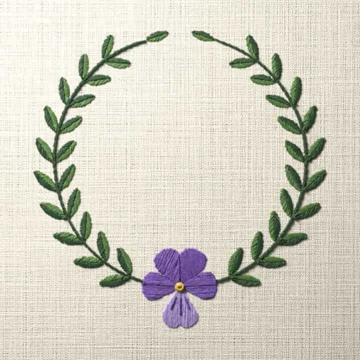 Violet laurel wreath: preview of the stitched design