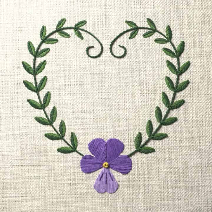 Violet vine heart: preview of the stitched design