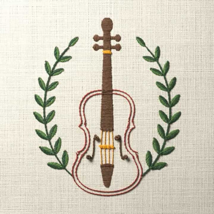 Violin between laurel branches: preview of the stitched design