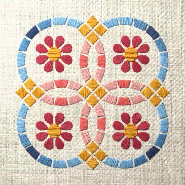 Double wedding ring quilt block: preview of the stitched design