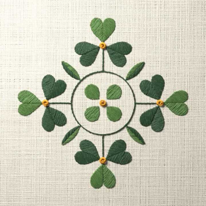 Wheel of four shamrocks: preview of the stitched design