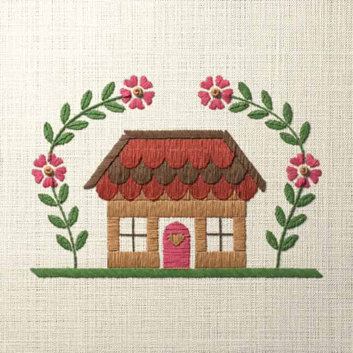 Cottage with wild rose boughs: preview of the stitched design